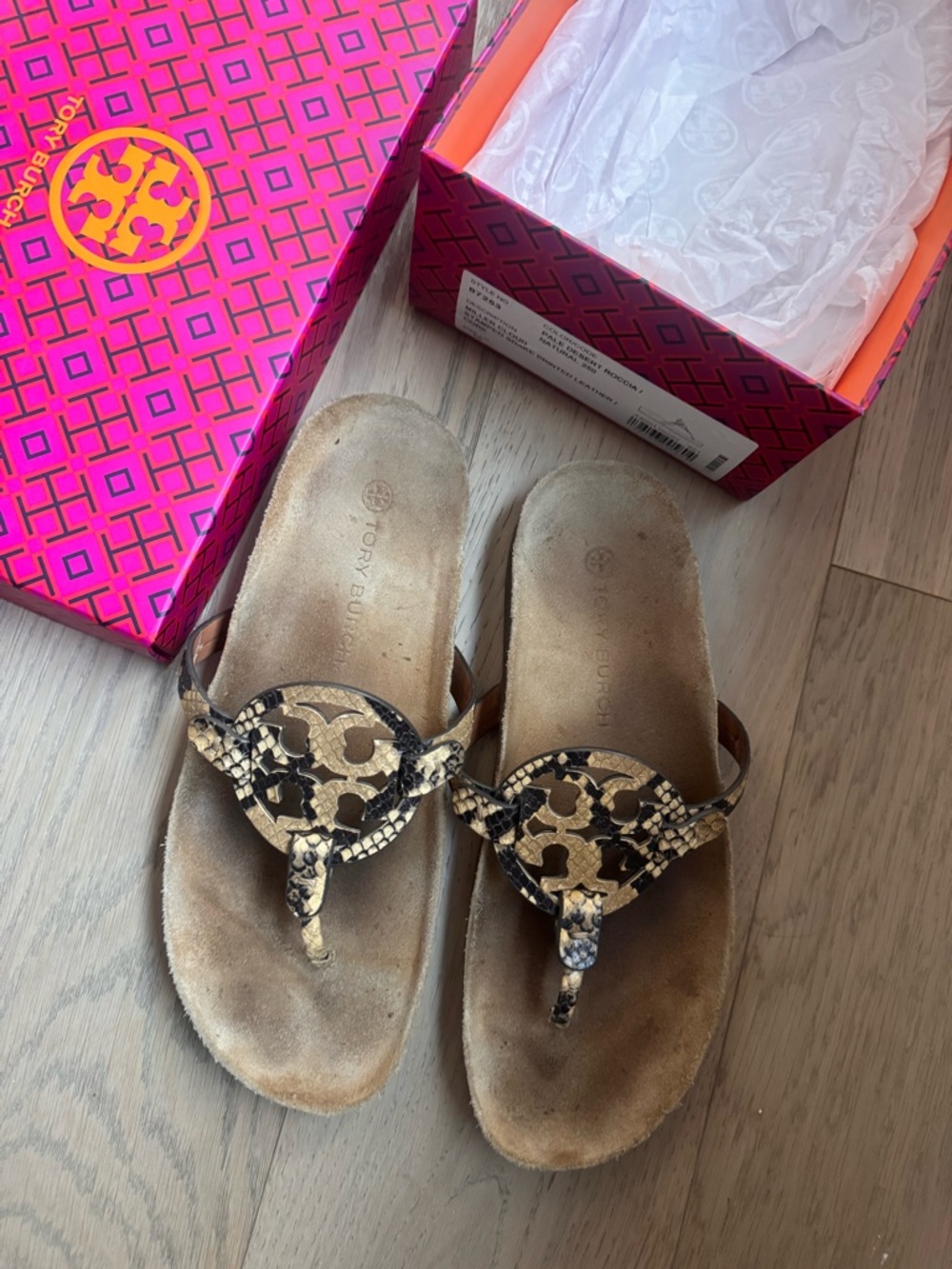 Tory Burch Snake-Print Miller Thong Sandals in Beige & Black